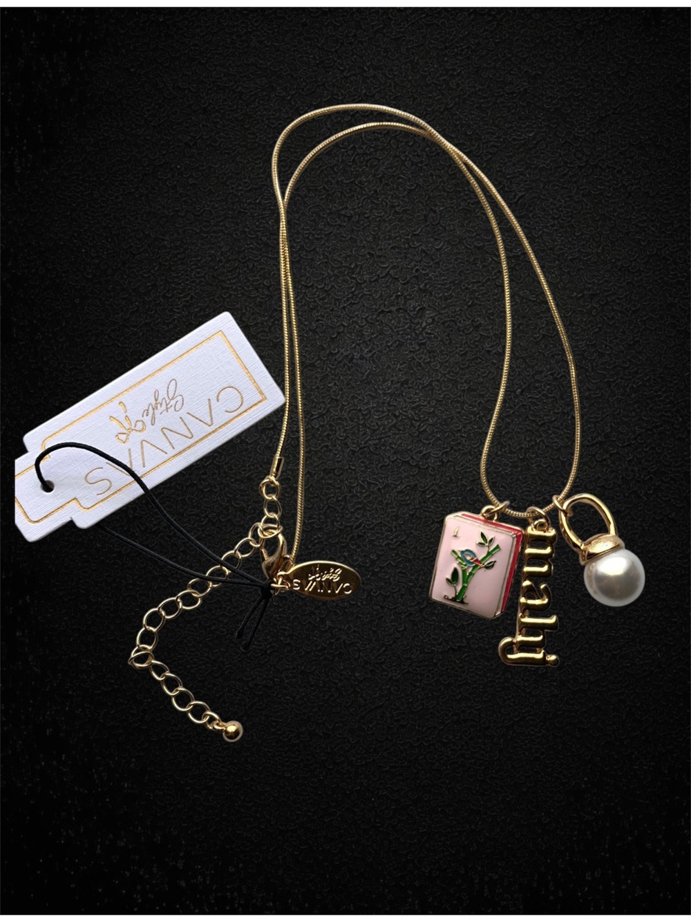 Bella Canvas Gold-Tone Necklace with Pink Enamel Book, Pearl & Script Charm